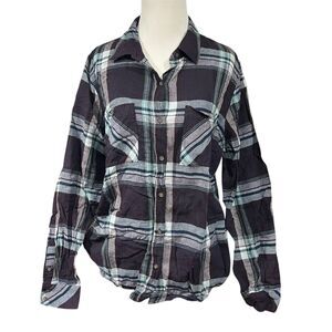 Flannel Shirt Plaid Purple Blue Cotton women's M/L Long Sleeve 100% Cotton